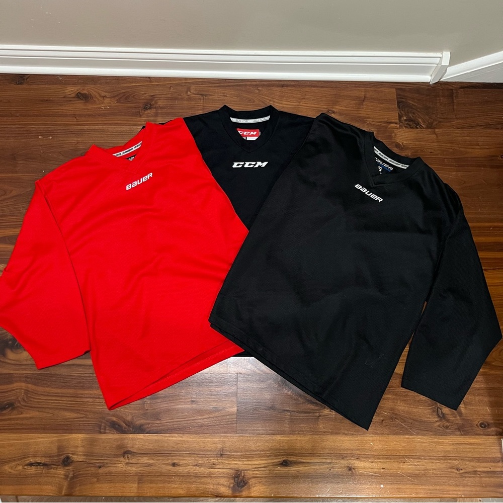 3 ea. Practice Hockey Jersey’s CCM Bauer. All 3 are Youth Large. Hardly used.